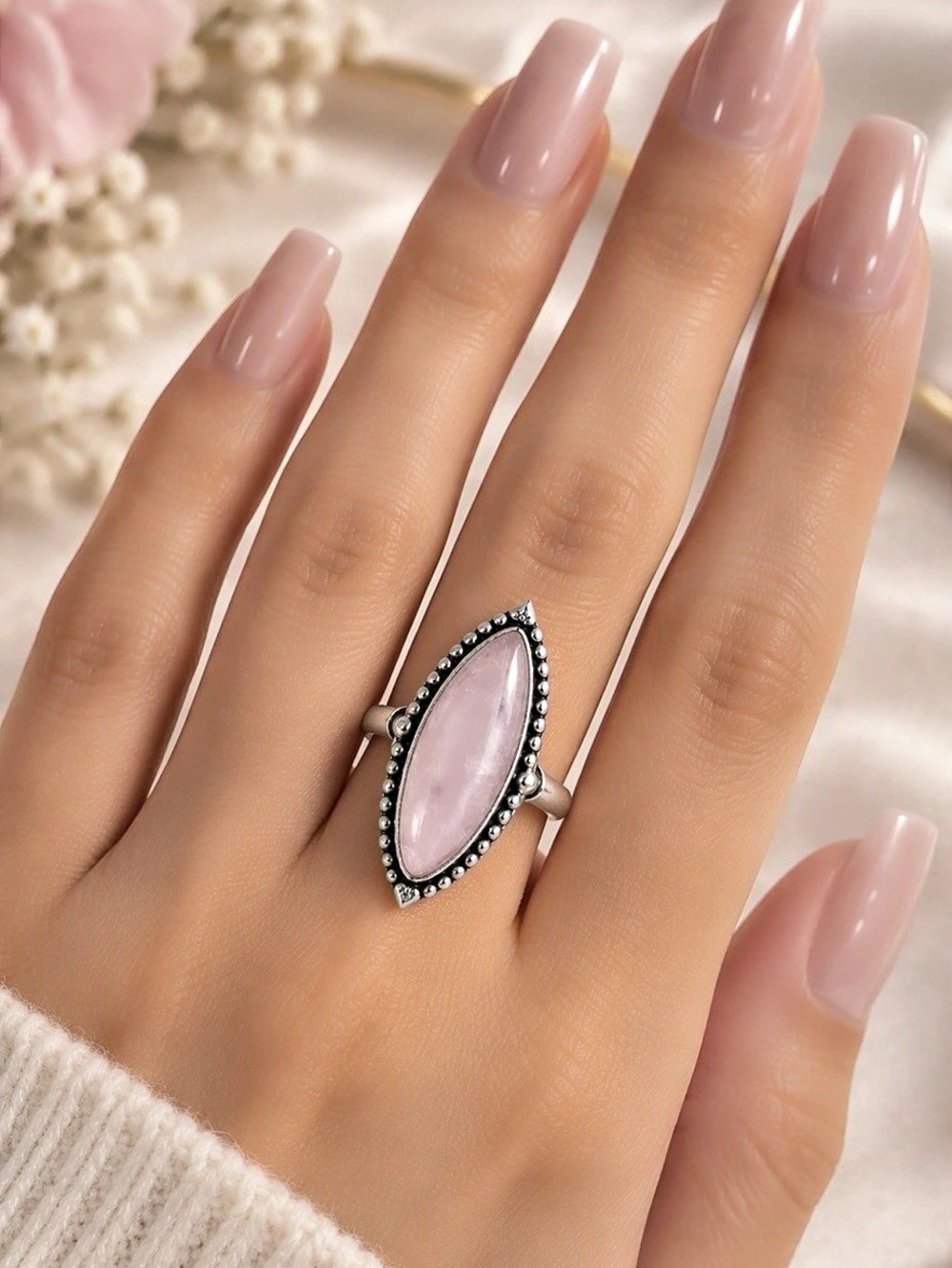 Kunzite 925 Sterling Silver Marquise Ring, Size 7